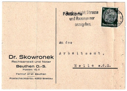 DR Postal Stationery - Dr Skowronek Lawyer And Notary Beuthen O.S Siegel January 13, 1939 - Cartoline