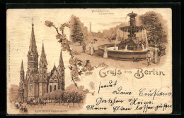 Lithographie Berlin, Kaiser Wilhelm Gedächtniskirche, Wrangelbrunnen U. Sieges-Allee  - Charlottenburg