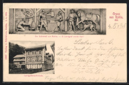 AK Ruhla, Gasthaus Zur Landgrafenschmiede, Relief Der Schmied Von Ruhla  - Andere & Zonder Classificatie