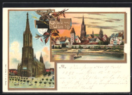 Lithographie Ulm, Münster, Panorama Von Der Donau Aus, Gedicht  - Ulm