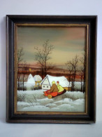 Paar Auf Baumstamm Sitzend, In Verschneiter Landschaft, Im Hintergrund Zwei Häuser - Naive Hinterglasmalerei Von... - Unclassified