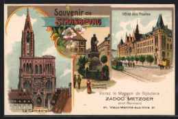 Lithographie Strassburg, Reichspostgebäude, Gutenberg-monument, Münster  - Sonstige & Ohne Zuordnung