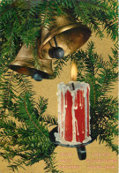 Winter Holdays Greetings Lit Burning Candle And Bells - Other & Unclassified