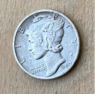 1940 D US Standard Coinage Coin Dime .900 Silver , KM#140,7725 - 1916-1945: Mercury (Mercure)