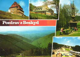 BESKYD, MULTIPLE VIEWS, ARCHITECTURE, BELL TOWER, BUS, CARS, CZECH REPUBLIC, POSTCARD - Tchéquie