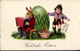 CPA Glückwunsch Ostern, Osterhase Spielt Musikinstrument, Ostereier, Kind - Easter