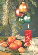 Christmas Postcard Decorated Tree Detail Aspect, Lit Candle, Globes Ornaments, Apples And Nuts - Altri & Non Classificati