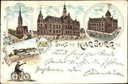 Lithographie Hamburg Harburg, Evangelische Kirche, Rathaus, Postamt, Elbbrücke - Autres & Non Classés