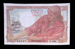 JC, Billet, France, Vingt, 20 Francs Pêcheur, 10-3-1949, 2 Scans - 20 F 1942-1950 ''Pêcheur''