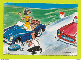 HUMOUR VACANCES N12 D'après Aquarelle Illustrateur Jean BRIAN Auto Stop Voiture Cabriolet Avec Roue Crevée Borne En 1966 - Humor