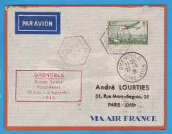 LETTRE PAR AVION - GRENOBLE POUR PARIS VIA AIR FRANCE - PREMIER SERVICE POSTAL AERIEN 1936 - OBLIT. FOIRE-EXPO ET AVION - 1927-1959 Lettres & Documents