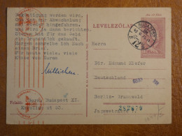 J29 GERMANY HONGRIE  CARTE ENTIER  RARE  1943  BUDAPEST A  BERLIN + NAZISME   +AFF. INTERESSANT+ - Covers & Documents