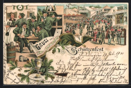 Lithographie Partie Auf Schützenfest M. Festzelten, Jäger Am Schiessstand Vor Bürger-Braü  - Hunting