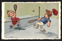 Künstler-AK Castelli: Kinderpaar Spielt Tennis  - Castelli