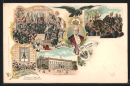 Lithographie Kaisergeburtstag 1897, Portrait Des Kaisers, Proklamation In Versailles, Palais In Berlin  - Familles Royales