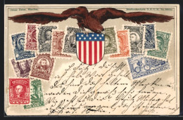 Präge-AK Adler Mit Wappen Und Briefmarken Der Vereinigten Staaten Von Amerika  - Timbres (représentations)