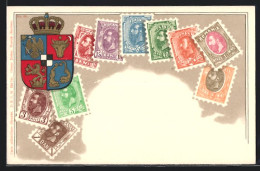 Lithographie Briefmarken Und Wappen Rumäniens, Mit Krone  - Timbres (représentations)