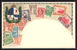 AK Uruguay, Briefmarken Und Wappen Des Landes  - Sellos (representaciones)