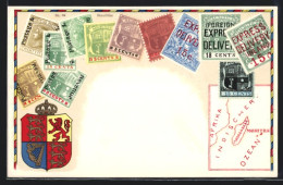 AK Verschiedenwertige Briefmarken Und Wappen Von Madagaskar  - Briefmarken (Abbildungen)