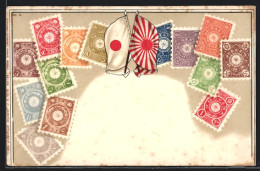 AK Briefmarken Japans Mit Flaggen  - Sellos (representaciones)