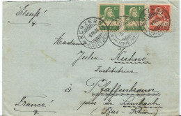 LETTRE  POUR LA FRANCE 1924 AVEC 2 TIMBRES ET CACHET DE KERZERS - Storia Postale