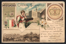 Lithographie Neuchatel, Kakao Suchard, Dame In Schweizer Tracht, Ortsansicht, Wappen  - Autres & Non Classés