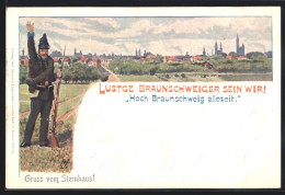 Lithographie Braunschweig, Soldat In Uniform, Ortsansicht  - Regimente