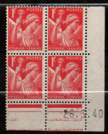 Iris 1f Rouge N° 433 ** Coin Daté Du 26 3 1940 Planche E - 1940-1949