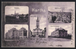 AK Hartha, Panorama, Albertstrasse, Schule, Stadtkirche, Elektrizitätswerk  - Hartha