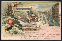 Winter-Lithographie Hannover, Georgstrasse Mit Strassenbahnen, Wappen, Ebereschenzweig, Vogel - Weihnachtsgruss  - Autres & Non Classés
