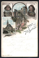 Vorläufer-Lithographie Helgoland, 1894, Treppe Und Aufzug, Kirche, Helgoländer  - Helgoland