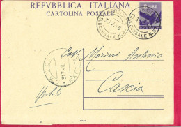 INTERO CARTOLINA POSTALE DEMOCRATICA LIRE 8 (INT.134) DA "ANCONA*30.7.48*/(SUCCURSALE N. 3)" PER CASCIA - Stamped Stationery