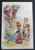 Kinder Vor Kreuz Beten Künstler Feiertag Litho 1913    #AK6368 - Maagd Maria En Madonnas