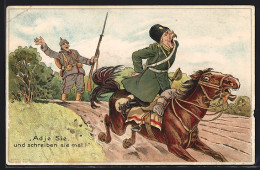Künstler-AK Adje Sie, Und Schreiben Sie Mal!, Russischer Kavallerist Flüchtet Vor Deutschen Infanteristen  - Guerre 1914-18