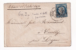 Lettre Nice 1871 Alpes Maritimes Pour Écully Lyon Rhône Cérès 25c Bleu  #60 Type I - 1871-1875 Ceres