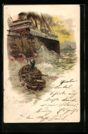 Lithographie Seelootsen Bei Stürmischer See Vor Einem Dampfer  - Steamers