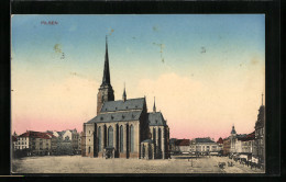 AK Pilsen, Kirche, Ortspartie  - Tchéquie