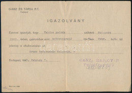1945 Bp., Ganz és Társa R.T. Hajógyár Igazolványa Hadimunkás Részére - Non Classés