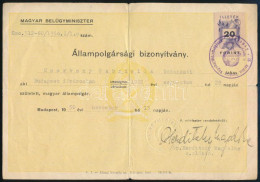 1950 Bp., Állampolgársági Bizonyítvány, Szárazbélyegzővel, 20Ft Illetékbélyeggel - Non Classés