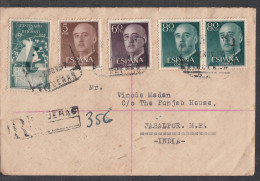 SPAIN, 1957, Registered Cover From Spain To India,  5 Stamps Used + 1 Label, No 7 - Covers & Documents
