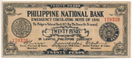 Fülöp-szigetek / Cebu 1941. 20P T:F Lyukasztással érvénytelenítve Philippines / Cebu 1941. 20 Pesos C:F Cancelled By Hol - Unclassified
