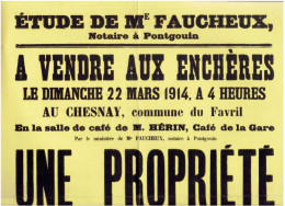 HAMEAU DU CHESNAY LE FAVRIL 28 AFFICHE DE VENTE D UNE PROPRIETE EN FACE DE LA GARE DE PONTGOUIN 1914 AVEC TIMBRE TAXE - Centre - Val De Loire