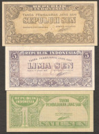 Set 3 Pcs Oeang Republik Indonesia (ORI) 1 5 10 Sen P-13 14 15 1945 UNC - Indonésie