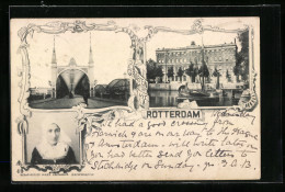 AK Rotterdam, Brücke, Grosses Gebäude, Holländerin In Tracht  - Rotterdam