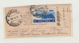 TAGLIANDO - RICEVUTA VAGLIA - ANNULLO ASMARA VAGLIA B DEL 1939 - ERITREA A.O.I. WW2 - Italian Eastern Africa