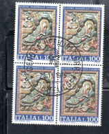ITALIA REPUBBLICA ITALY REPUBLIC 1975 NATALE CHRISTMAS NOEL WEIHNACHTEN NAVIDAD LIRE 100 QUARTINA BLOCK USATO USED - 1971-80: Gebraucht