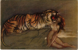 ** T2/T3 Fenevad ösztönök / Erotic Nude Lady Art Postcard With Tiger. Uff. Rev. Stampa Milano 18-3. S: Zandrino (fl) - Unclassified