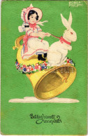 * T2/T3 1914 Boldog Húsvéti ünnepeket / Easter Greeting Art Postcard, Girl With Rabbit And Bell. B.K.W.I. 4638-4. S: Rob - Unclassified