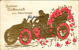 T2/T3 Herzlichen Glückwunsch Zum Geburtstage / Birthday Greeting Art Postcard With Automobile And Roses. Floral, Emb. Li - Unclassified