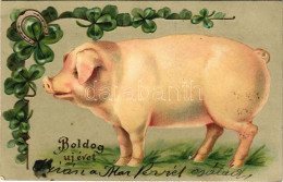 T2/T3 Boldog Újévet / New Year Greeting Art Postcard With Pig, Horseshoe And Clovers. Emb. Litho (EK) - Zonder Classificatie